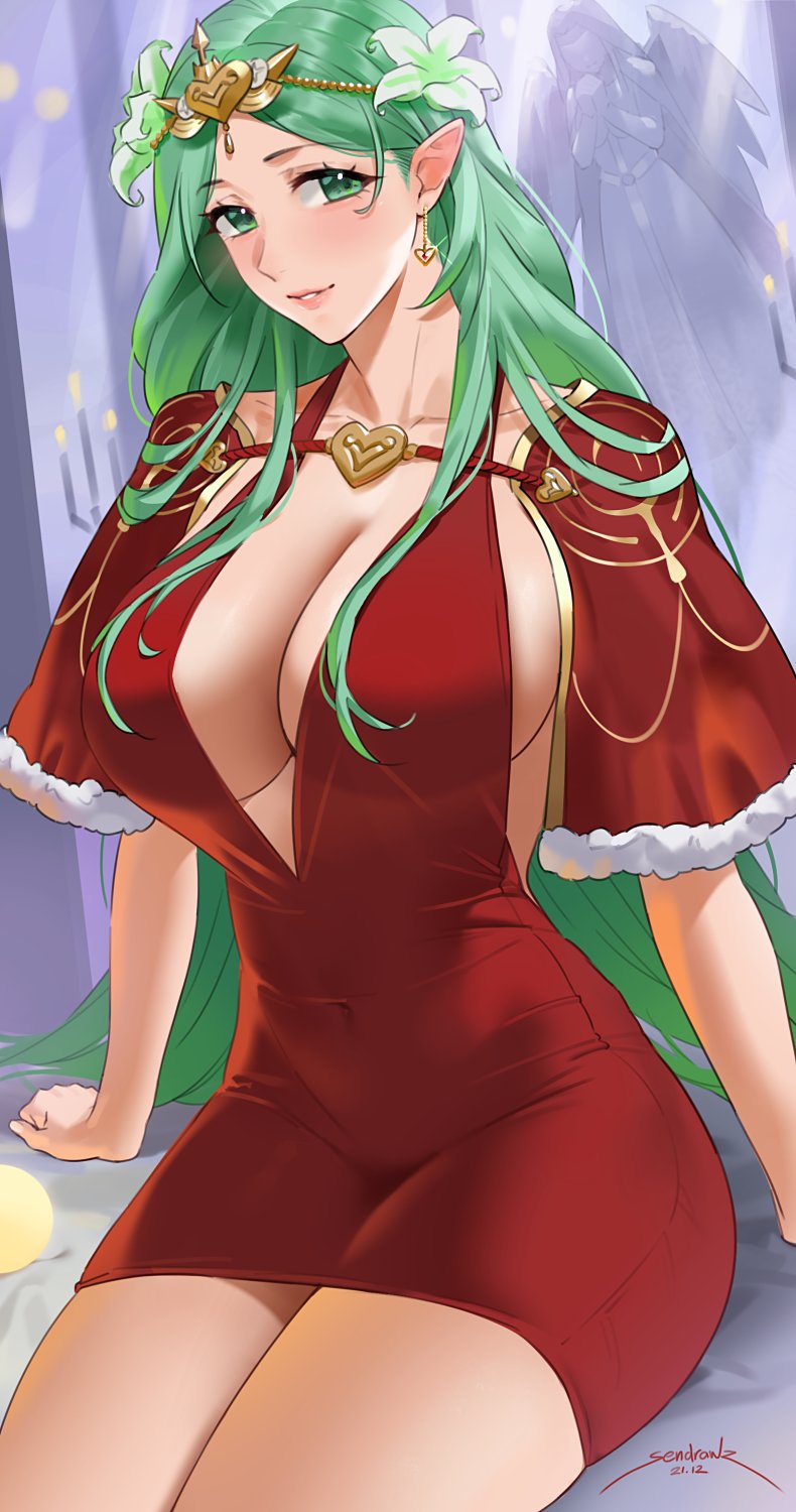 1girl alternate_costume angel_statue artist_name breasts capelet center_opening collarbone commentary covered_navel dated dress earrings english_commentary eyebrows_visible_through_hair fire_emblem fire_emblem:_three_houses flower fur-trimmed_capelet fur_trim green_hair hair_flower hair_ornament heart highres jewelry large_breasts long_hair looking_at_viewer no_bra parted_lips pointy_ears red_capelet red_dress rhea_(fire_emblem) sendrawz signature sitting sleeveless sleeveless_dress smile solo statue