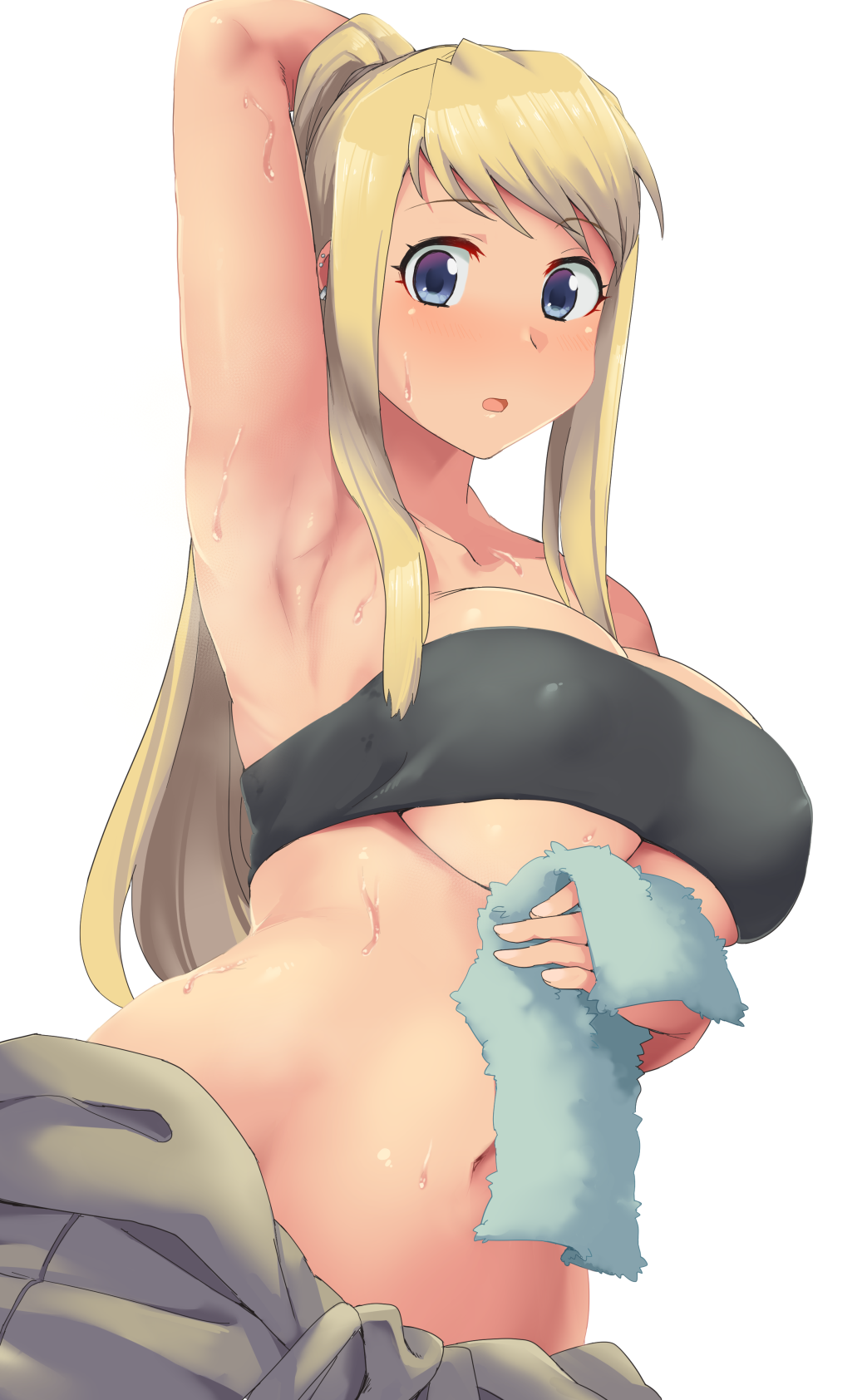 1girl arm_behind_head arm_up armpits blonde_hair blue_eyes bra breasts collarbone commentary_request eyebrows_visible_through_hair fullmetal_alchemist highres holding long_hair looking_at_viewer minakami_(flyingman555) navel no_shirt open_mouth ponytail solo stomach sweat towel underwear winry_rockbell