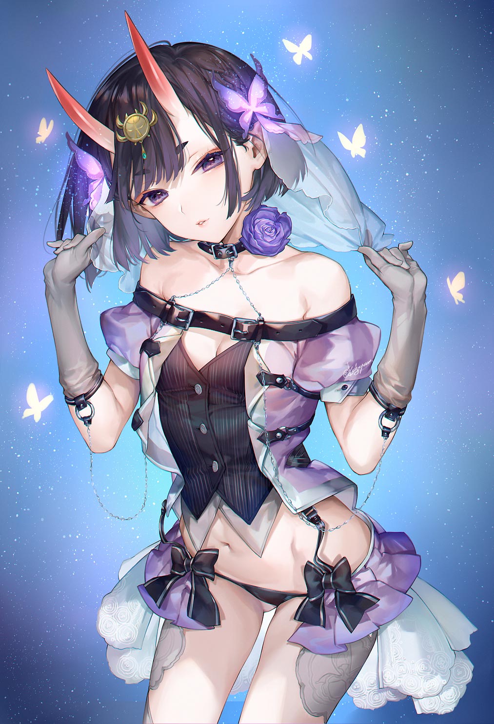 1girl bangs bare_shoulders blush bob_cut breasts collarbone eyeliner fate/grand_order fate_(series) highres horns kaguyuzu looking_at_viewer makeup navel oni oni_horns parted_lips purple_hair short_hair shuten_douji_(fate) skin-covered_horns small_breasts solo thighs violet_eyes