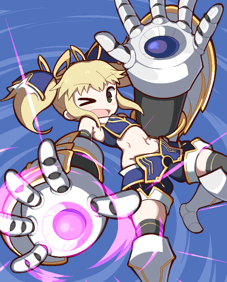 &gt;_o 1girl action arm_up armor armored_boots average-hanzo blonde_hair blue_armor boots breastplate charging_device eyebrows_visible_through_hair floating_hair full_body giant_fist gloves green_eyes hair_ornament hair_ribbon knee_boots leg_up midriff mika_(under_night_in-birth) one_eye_closed open_mouth pixel_art ribbon shorts smile solo thigh-highs thighhighs_under_boots twintails under_night_in-birth weapon
