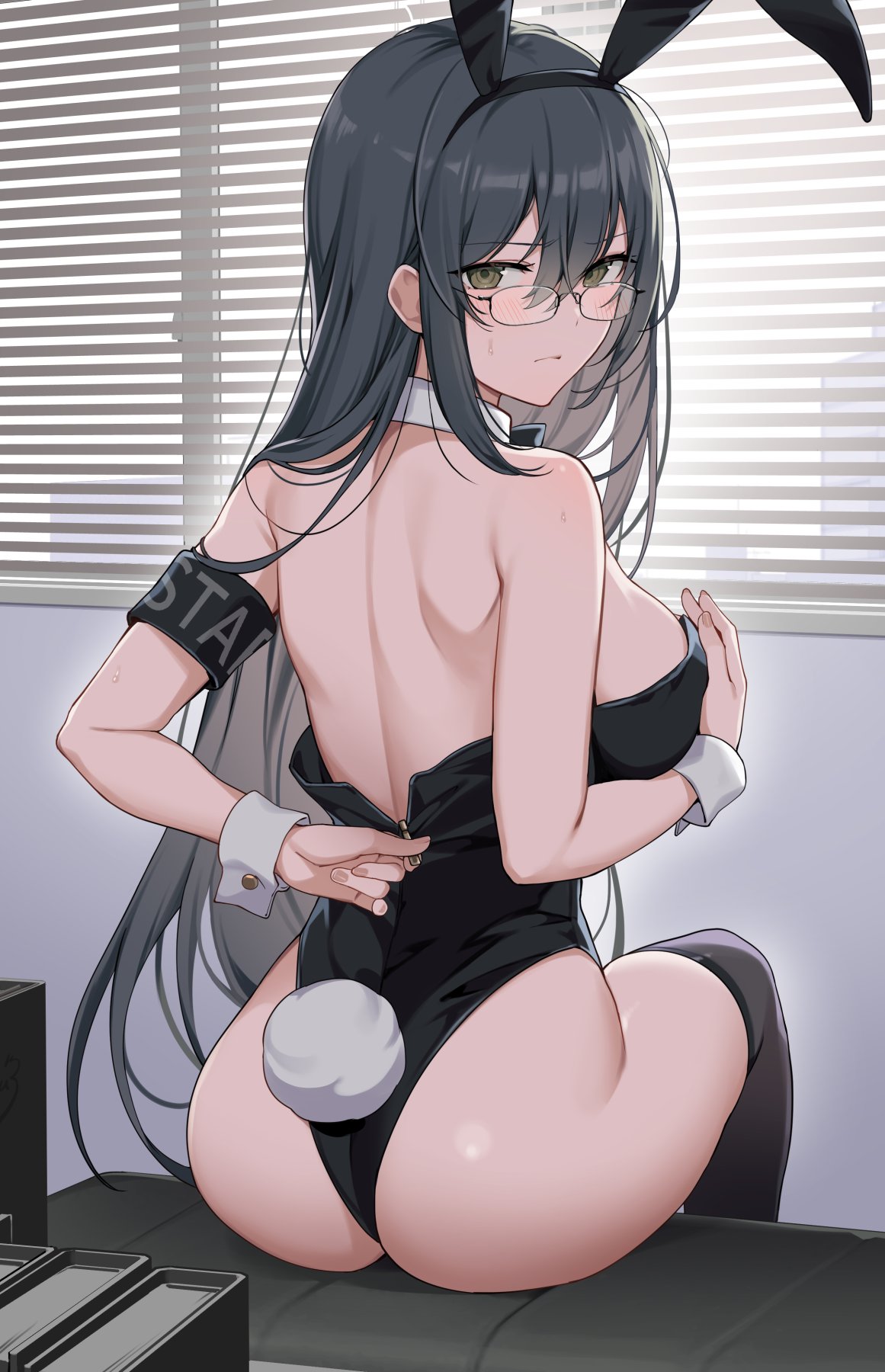 1girl animal_ears arm_behind_back armband ass back backless_leotard banned_artist bare_shoulders black_hair black_legwear black_leotard breasts closed_mouth detached_collar fake_animal_ears fake_tail from_behind frown glasses green_eyes hairband hand_on_breast highleg highleg_leotard highres icomochi large_breasts leotard long_hair looking_at_viewer looking_back looking_over_eyewear original playboy_bunny rabbit_ears rabbit_tail rimless_eyewear shoulder_blades sitting solo sweatdrop tail thigh-highs unzipping very_long_hair wrist_cuffs