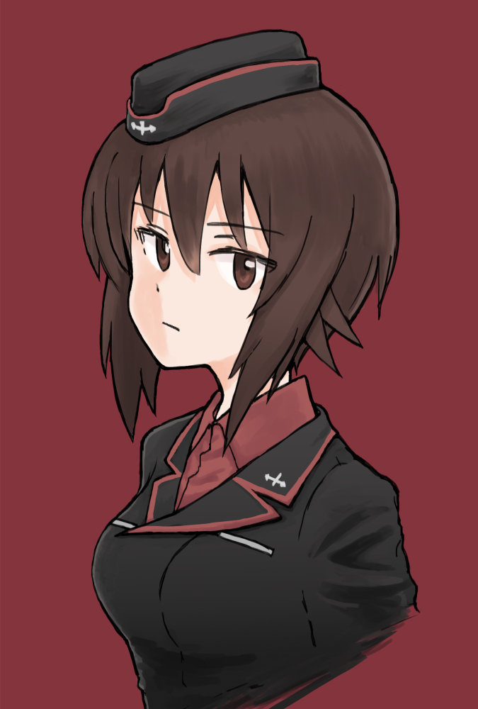 1girl breasts brown_eyes brown_hair cropped_arms cropped_torso expressionless garrison_cap girls_und_panzer hair_between_eyes hat kuromorimine_military_uniform looking_at_viewer medium_breasts military military_uniform mutsu_(layergreen) nishizumi_maho red_background solo uniform