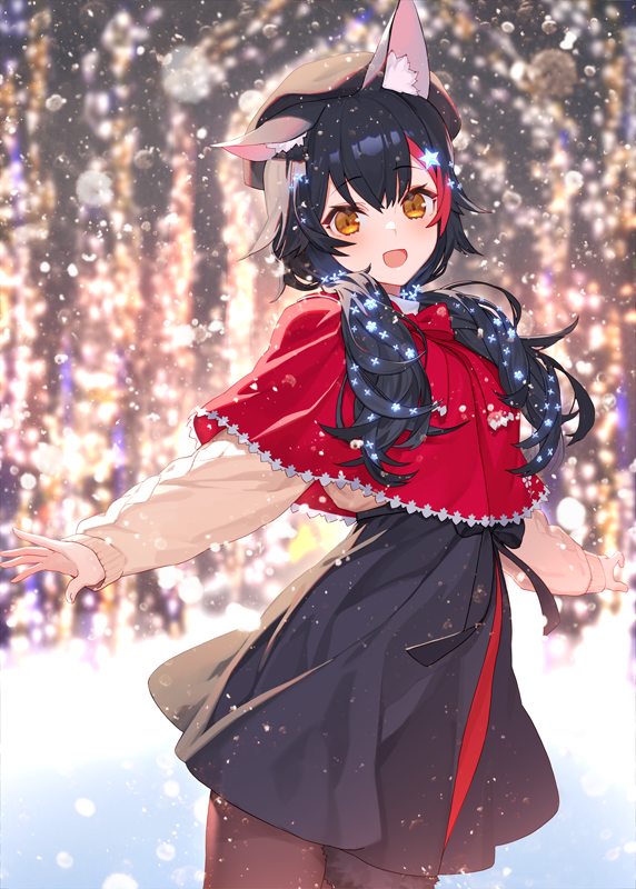 1girl animal_ear_fluff animal_ears bangs beige_cardigan beret black_hair black_headwear black_legwear black_skirt blurry blurry_background blush capelet cardigan commentary_request eyebrows_visible_through_hair hair_between_eyes hair_ornament hat hololive izumi_sai long_hair long_sleeves looking_at_viewer multicolored_hair ookami_mio open_mouth outstretched_arms pantyhose red_capelet redhead skirt snowing solo star_(symbol) star_hair_ornament streaked_hair tail tail_around_leg twintails virtual_youtuber wolf_ears wolf_girl wolf_tail yellow_eyes