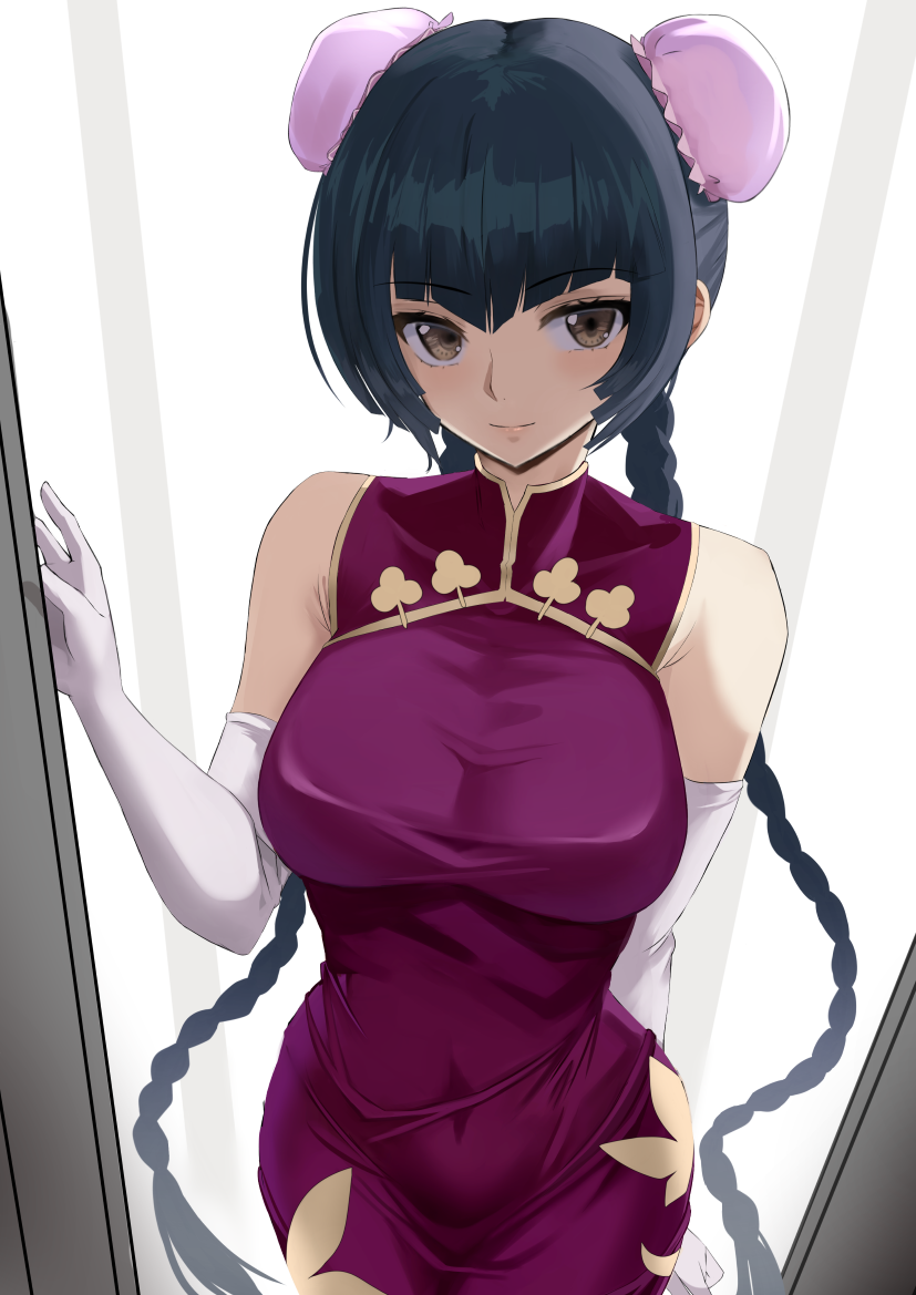 1girl arm_behind_back black_hair blush braid breasts brown_eyes bun_cover china_dress chinese_clothes closed_mouth commentary covered_navel cowboy_shot curvy double_bun dress elbow_gloves eyebrows_visible_through_hair gloves gundam gundam_00 kesoshirou large_breasts lips long_hair looking_at_viewer purple_dress reward_available simple_background sleeveless sleeveless_dress smile solo standing taut_clothes taut_dress twin_braids twintails wang_liu_mei white_background white_gloves