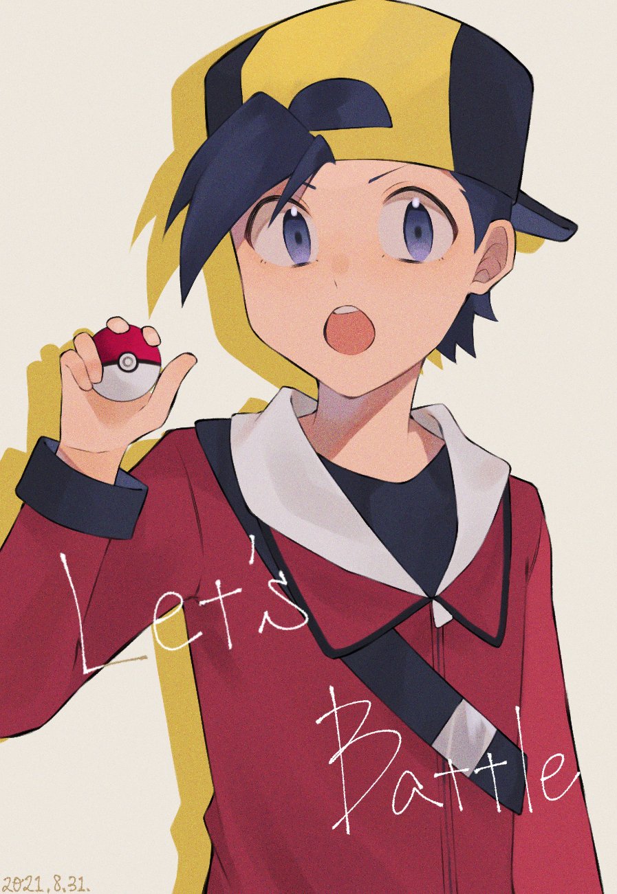 1boy backwards_hat bangs baseball_cap black_hair black_shirt commentary_request dated ethan_(pokemon) grey_eyes hand_up hat highres holding holding_poke_ball jacket long_sleeves male_focus open_mouth osigatoutoi_tou poke_ball pokemon pokemon_(game) pokemon_hgss red_jacket shirt short_hair solo strap teeth upper_teeth
