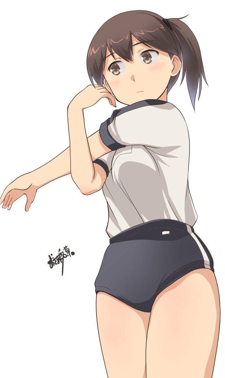 1girl alternate_costume black_buruma brown_eyes brown_hair buruma commentary_request cowboy_shot facing_viewer gym_shirt gym_uniform highres kaga_(kancolle) kantai_collection long_hair looking_to_the_side osamada_meika shirt side_ponytail simple_background solo standing stretch t-shirt white_background white_shirt