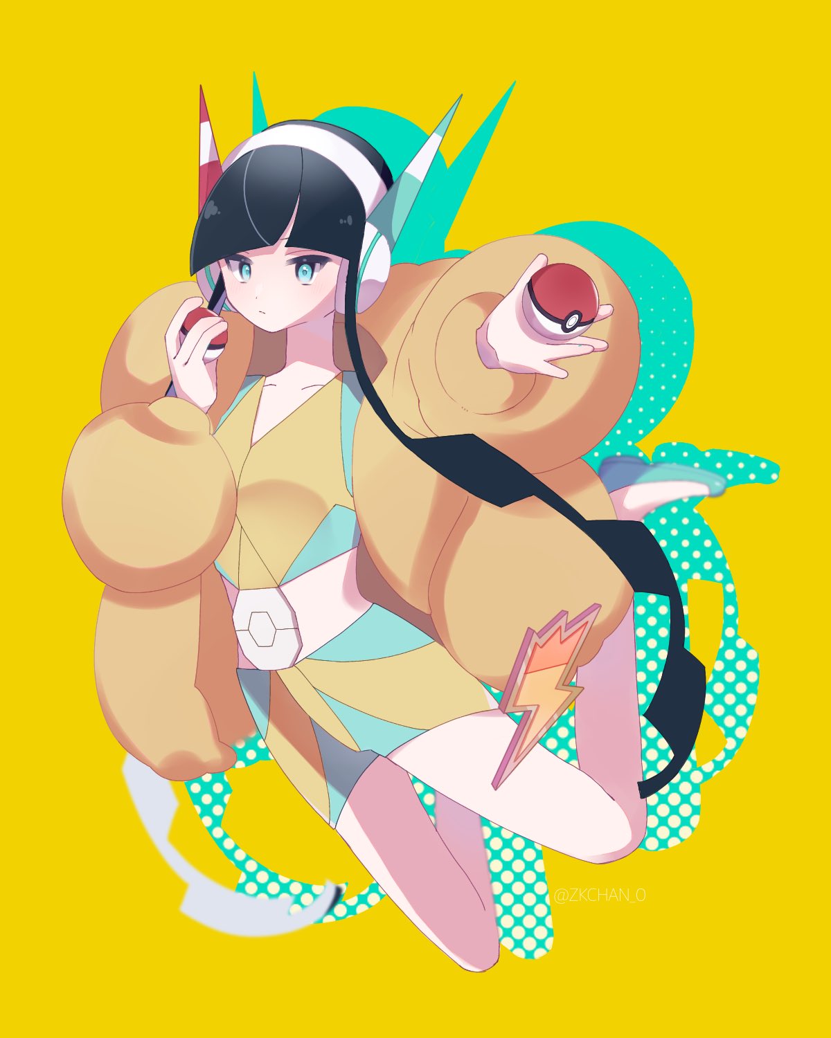 1girl bangs bike_shorts black_hair blunt_bangs closed_mouth collarbone dzuke_(zkchan_0) elesa_(pokemon) flats full_body fur_jacket green_eyes headphones highres holding holding_poke_ball jacket long_sleeves looking_at_viewer open_clothes open_jacket outstretched_arm poke_ball poke_ball_(basic) pokemon pokemon_(game) pokemon_bw2 short_hair_with_long_locks symbol-only_commentary yellow_background yellow_jacket