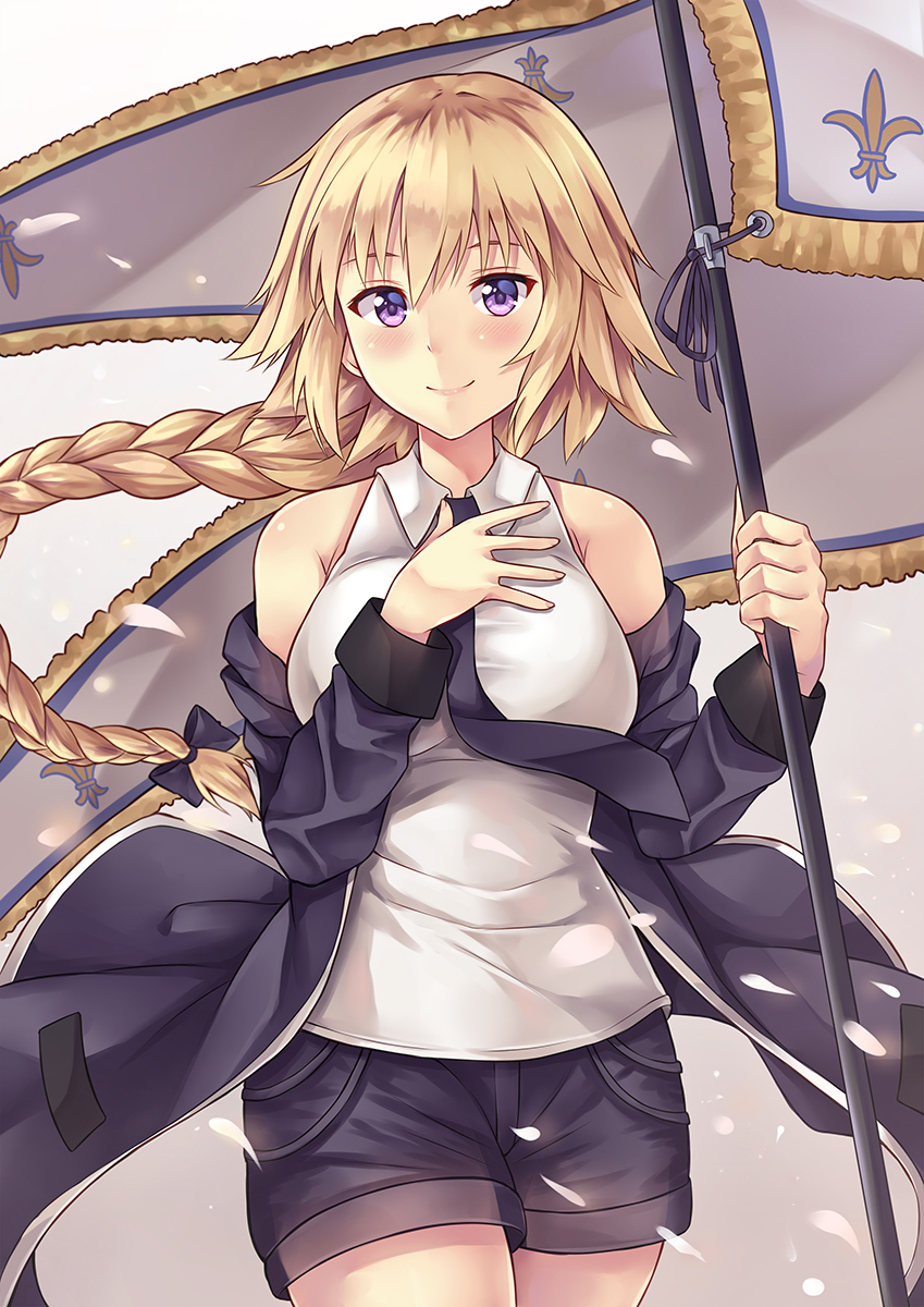 1girl absurdres bangs blonde_hair blue_eyes braid braided_ponytail breasts closed_mouth collared_shirt eyebrows_visible_through_hair fate/apocrypha fate_(series) floating_hair from_side hair_between_eyes highres jeanne_d'arc_(fate) jeanne_d'arc_(fate)_(all) long_hair looking_at_viewer medium_breasts necktie ponytail shiny shiny_hair shirt sideboob sketch sleeveless sleeveless_shirt smile solo suzumiya_(suzumiyasaito) upper_body very_long_hair white_shirt wing_collar