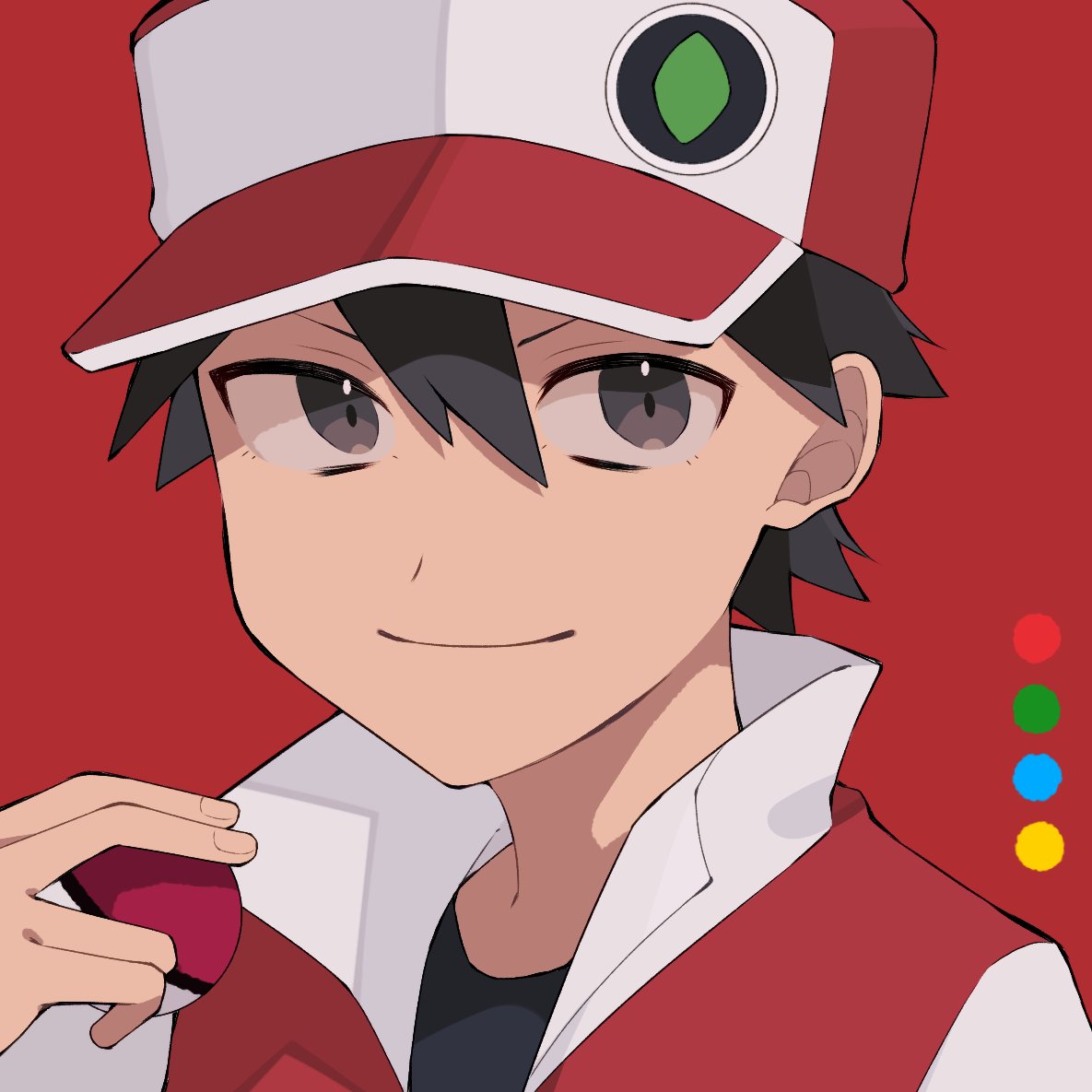 1boy bangs baseball_cap black_hair black_shirt closed_mouth commentary_request hat holding holding_poke_ball jacket looking_at_viewer male_focus osigatoutoi_tou poke_ball poke_ball_(basic) pokemon pokemon_(game) pokemon_rgby red_(pokemon) red_background red_headwear shirt short_hair simple_background smile solo upper_body
