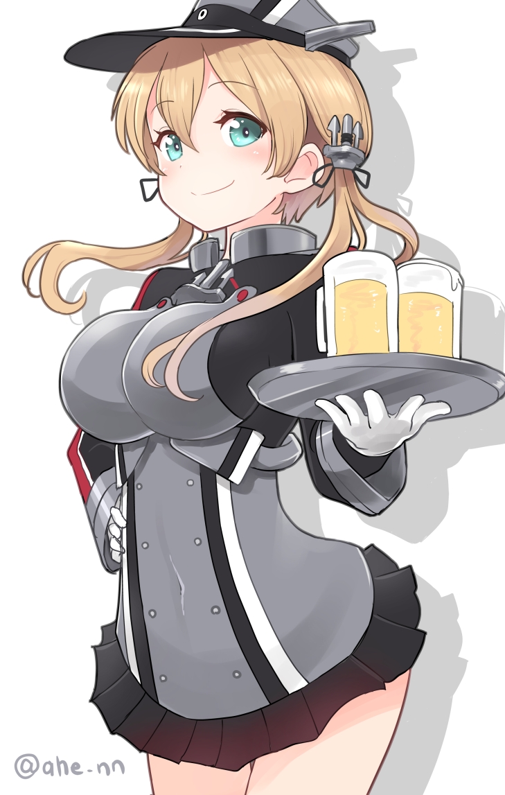 1girl ahenn alcohol anchor_hair_ornament aqua_eyes beer beer_mug blonde_hair cowboy_shot cup gloves grey_skirt hair_ornament hand_on_hip hat kantai_collection long_hair low_twintails microskirt military military_hat military_uniform mug peaked_cap pleated_skirt prinz_eugen_(kancolle) simple_background skirt solo tray twintails twitter_username uniform white_background white_gloves