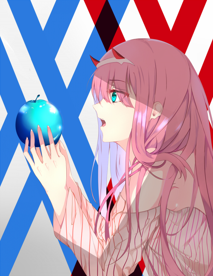 1girl aqua_eyes bangs bare_shoulders blue_apple cardigan darling_in_the_franxx eyebrows_visible_through_hair food fruit hair_between_eyes holding holding_food holding_fruit horns long_hair looking_away open_mouth pink_hair profile simple_background solo teeth upper_body upper_teeth white_cardigan xi_ying zero_two_(darling_in_the_franxx)