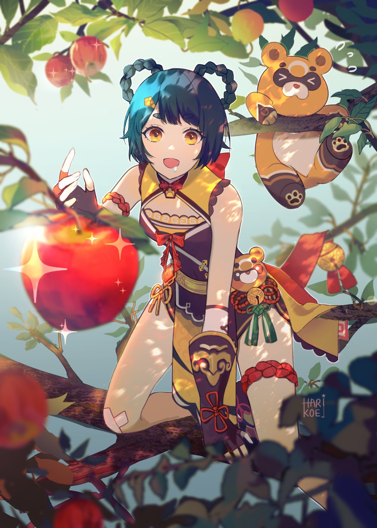 &gt;_&lt; 1girl :d apple artist_name bandaid bandaid_on_knee bell black_gloves blue_hair braid branch breasts chinese_clothes chinese_knot climbing crossed_bandaids dress drooling fingerless_gloves fingernails flying_sweatdrops food fruit genshin_impact gloves grass guoba_(genshin_impact) hair_ornament hair_rings hairclip harikoe highres in_tree jingle_bell leaf looking_at_viewer open_mouth panda paw_print red_rope rope short_hair sitting sitting_in_tree sleeveless sleeveless_dress small_breasts smile solo sparkle thigh_strap thighlet thighs tree twig twin_braids xiangling_(genshin_impact) yellow_eyes