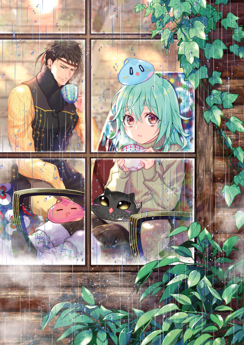 1boy 1girl aqua_hair armchair bangs black_hair black_scarf blurry blush_stickers brown_pants chair character_request creature_on_head cup day depth_of_field drooling from_outside fur-trimmed_pants furrowed_brow glass hand_up hands_up headband holding holding_cup ivy ivy_(saijaku_tamer_wa_gomi_hiroi_no_tabi_wo_hajimemashita) layered_clothing long_sleeves looking_at_viewer medium_hair nama_(f14a) official_art outstretched_leg pants parted_lips plant rain red_eyes saijaku_tamer_wa_gomi_hiroi_no_tabi_wo_hajimemashita scarf short_hair sitting slime_(creature) smile sora_(saijaku_tamer_wa_gomi_hiroi_no_tabi_wo_hajimemashita) steam sweater turtleneck turtleneck_sweater vines w_arms window