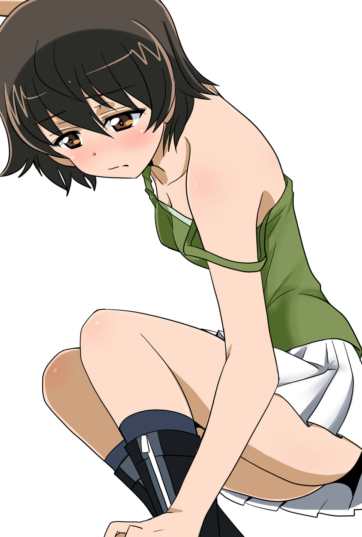 1girl bangs black_footwear black_legwear blush boots brown_eyes brown_hair camisole closed_mouth commentary_request embarrassed eyebrows_visible_through_hair frown girls_und_panzer green_shirt half-closed_eyes highres military military_uniform miniskirt nakajima_(girls_und_panzer) ooarai_military_uniform pleated_skirt shirt short_hair simple_background sitting skirt socks solo strap_slip uniform wakku_kan white_background white_skirt zipper