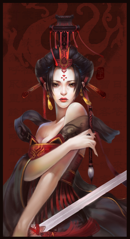 1girl bare_shoulders black_hair dress english_commentary facepaint holding holding_pen holding_sword holding_weapon jjlovely looking_at_viewer original pen portrait red_dress red_headwear red_lips solo sword tagme weapon