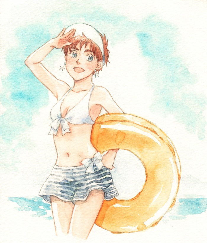 1girl armpits beach bikini blush breasts collarbone earrings front-tie_bikini front-tie_top green_eyes halterneck hand_up horizon innertube izumi_noa jewelry kidou_keisatsu_patlabor looking_to_the_side medium_breasts midriff navel ocean open_mouth orange_hair painting_(medium) salute short_hair shorts smile solo star_(symbol) star_earrings swimsuit traditional_media ususionorisio visor_cap water watercolor_(medium)