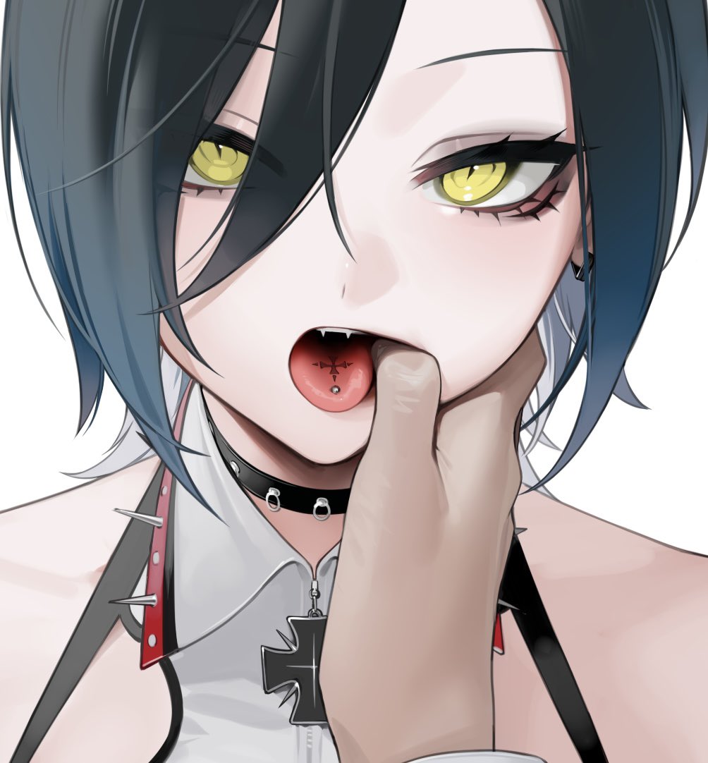 1boy 1girl azur_lane bangs black_hair blue_hair choker collar collared_shirt cross eyebrows_visible_through_hair eyeshadow fangs finger_in_another's_mouth hair_between_eyes hand_in_mouth jewelry long_eyelashes looking_at_viewer makeup ohisashiburi open_mouth original pale_skin piercing sharp_teeth shirt short_hair simple_background solo spiked_collar spikes teeth tongue tongue_piercing tongue_tattoo ulrich_von_hutten_(azur_lane) white_background