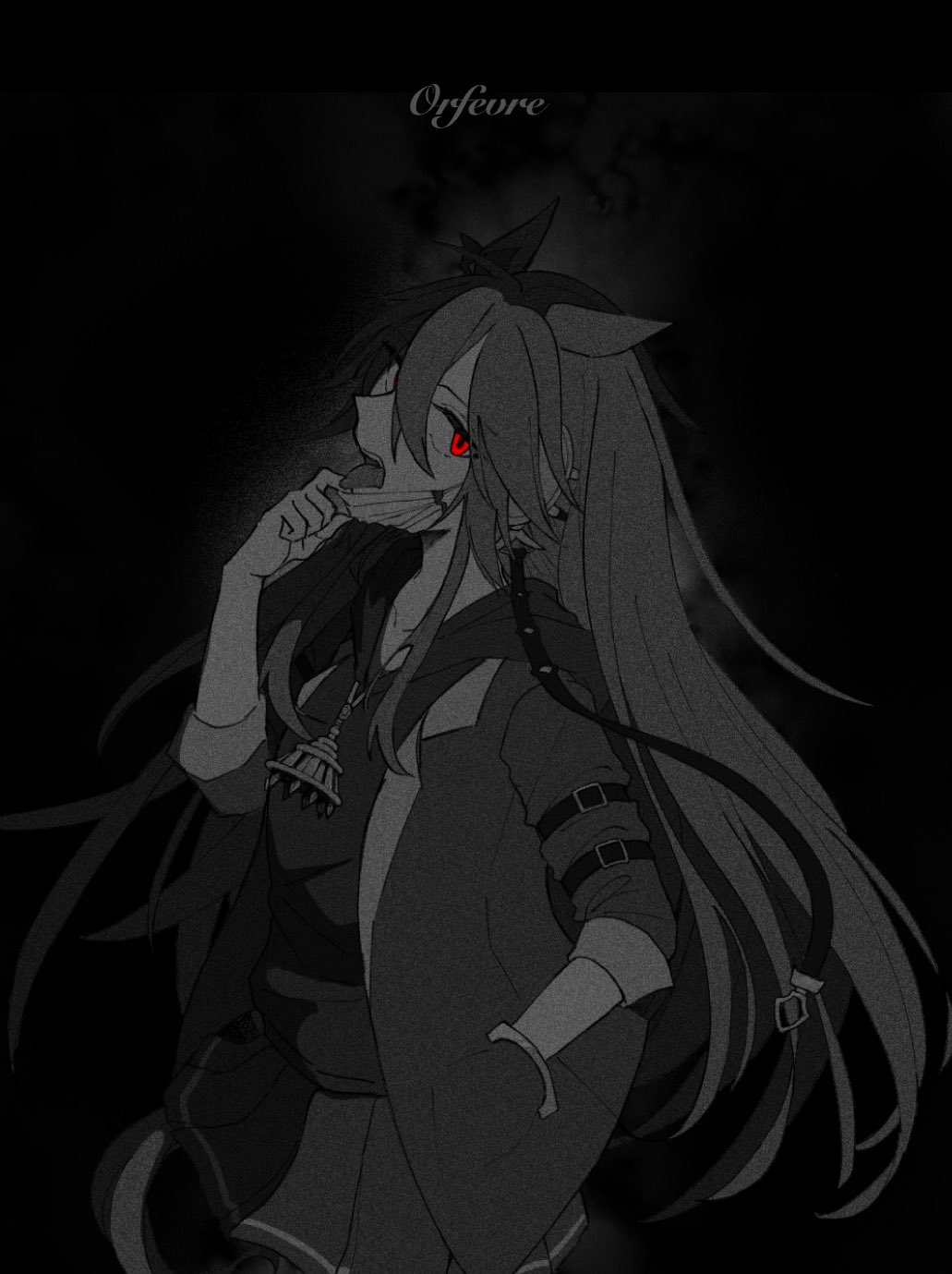 1girl animal_ears bangs character_name greyscale hand_in_pocket highres hood hoodie horse_ears horse_girl horse_tail jacket jewelry long_hair looking_at_viewer mask mask_pull monochrome mouth_mask open_mouth orfevre_(umamusume) pendant poteo_mot red_eyes skirt sleeves_pushed_up solo spot_color tail tongue tongue_out umamusume