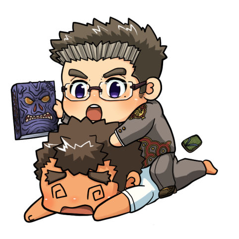 2boys @_@ blush book chibi dark-skinned_male dark_skin full_body glasses holding holding_book kemonosuke_(kmskths) kengo_(housamo) lowres male_focus mole mole_under_eye multiple_boys sandals shiro_(housamo) short_hair sideburns sitting sitting_on_person thick_eyebrows tokyo_afterschool_summoners