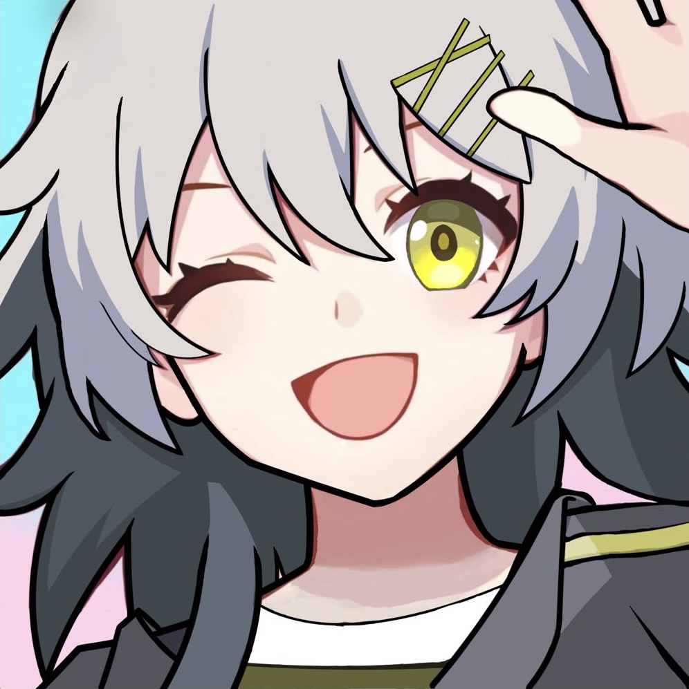 1girl ;d arm_up bai_chengao_xp bangs close-up croque_(girls'_frontline_nc) face girls'_frontline_neural_cloud girls_frontline green_eyes grey_hair hair_between_eyes hair_ornament hairclip long_hair looking_at_viewer one_eye_closed open_mouth portrait smile solo waving