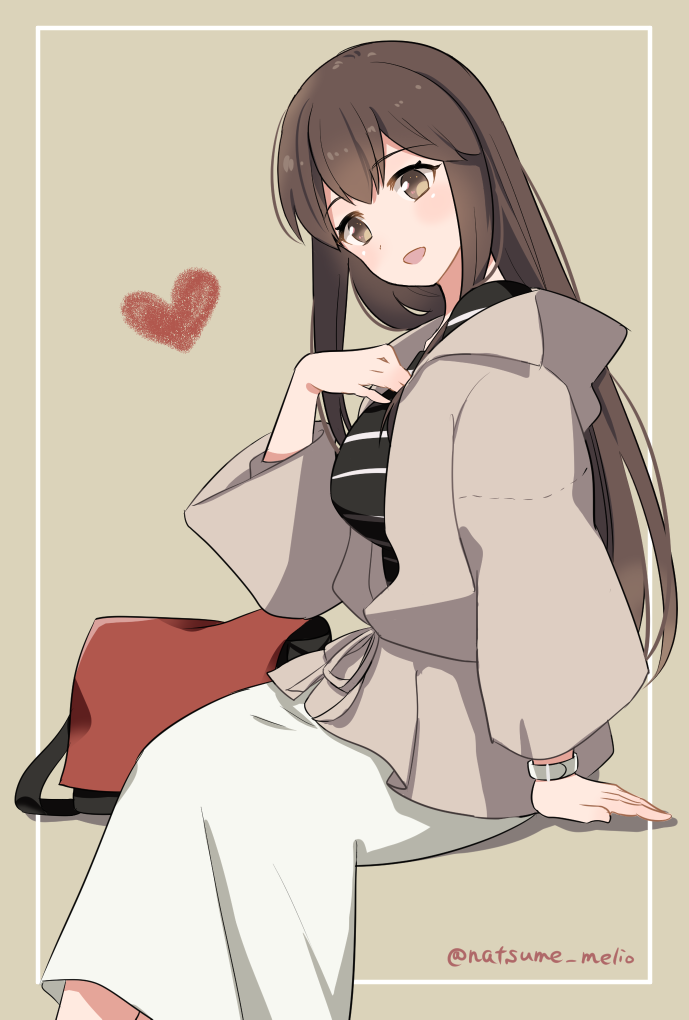 1girl akagi_(kancolle) black_shirt brown_eyes brown_hair feet_out_of_frame grey_background grey_jacket jacket kantai_collection long_hair looking_at_viewer natsume_(natsume_melio) official_alternate_costume one-hour_drawing_challenge shirt sitting skirt solo straight_hair striped striped_shirt twitter_username white_skirt