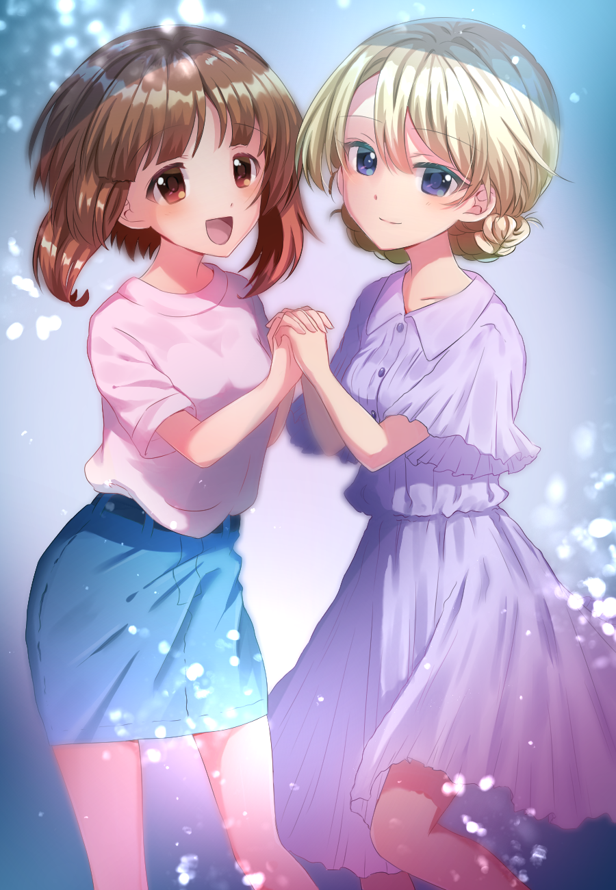 2girls :d bangs belt black_belt blonde_hair blue_dress blue_eyes blue_skirt braid brown_eyes brown_hair casual closed_mouth collared_dress commentary_request darjeeling_(girls_und_panzer) dress eyebrows_visible_through_hair girls_und_panzer highres holding_hands interlocked_fingers light_blush light_particles looking_at_viewer medium_dress miniskirt multiple_girls nishizumi_miho rurikoke shirt short_hair short_sleeves skirt smile standing t-shirt tied_hair twin_braids white_shirt wide_sleeves yuri