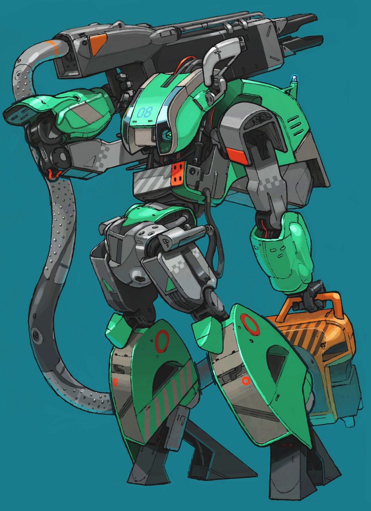 blue_background blue_eyes cable gun holding holding_gun holding_weapon leaning_back looking_back makitagenia mecha no_humans original science_fiction solo standing weapon