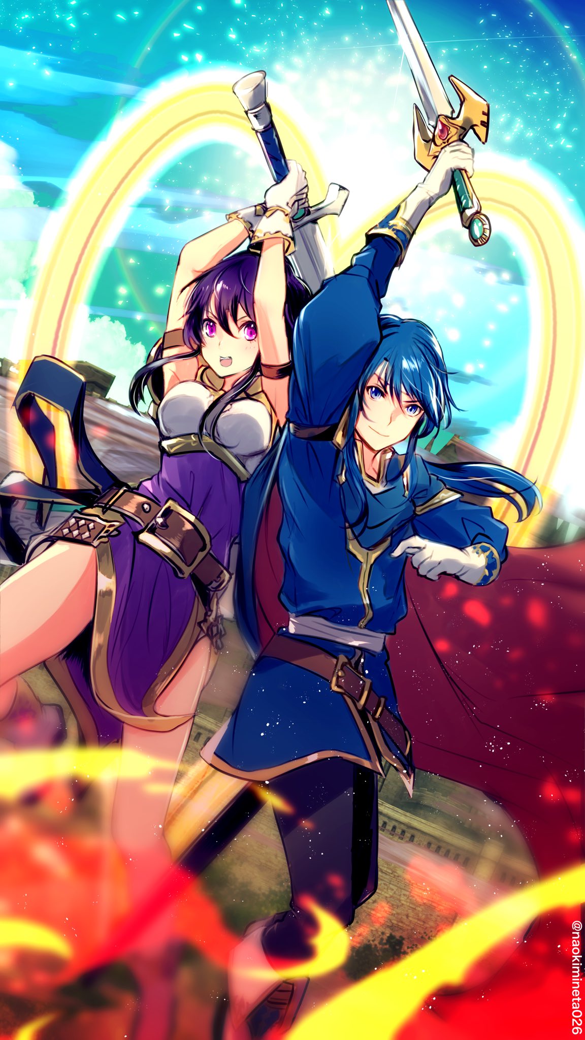 1boy 1girl armor armored_dress bandana bangs belt belt_buckle black_pants blue_cape blue_eyes blue_hair blue_sky breastplate brown_belt buckle cape closed_mouth clouds commentary_request day dress fire fire_emblem fire_emblem:_genealogy_of_the_holy_war gloves hair_between_eyes highres holding holding_sword holding_weapon larcei_(fire_emblem) long_hair long_sleeves mineta_naoki open_mouth outdoors pants pelvic_curtain ponytail purple_dress purple_hair red_cape seliph_(fire_emblem) sheath short_hair_with_long_locks sidelocks sky sleeveless sleeveless_dress smile sword teeth twitter_username two-tone_cape upper_teeth violet_eyes weapon white_bandana white_gloves