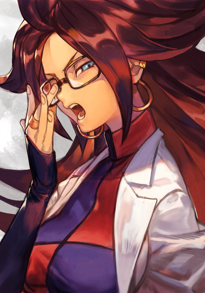 1girl adjusting_eyewear android_21 blue_eyes brown_hair checkered_clothes checkered_dress dragon_ball dragon_ball_fighterz dress earrings glasses hankuri hoop_earrings jewelry labcoat long_hair looking_at_viewer open_mouth profile ring solo upper_body