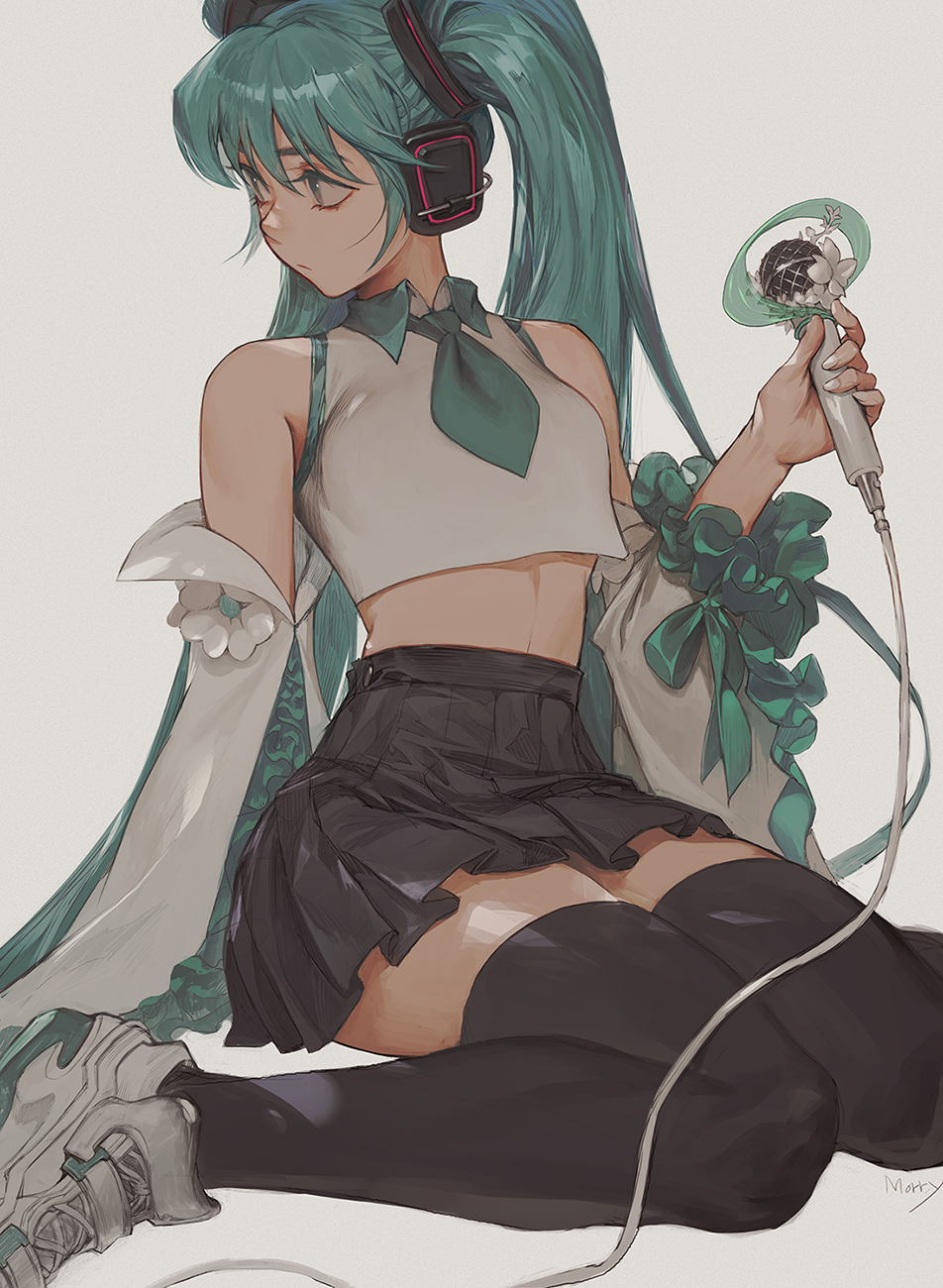 1girl aqua_hair aqua_necktie bangs bare_shoulders black_legwear black_skirt breasts brown_eyes closed_mouth crop_top detached_sleeves eyebrows_visible_through_hair frilled_sleeves frills hatsune_miku headphones high-waist_skirt highres holding holding_microphone long_hair long_sleeves looking_away looking_back microphone morry necktie pleated_skirt shoes simple_background sitting skirt small_breasts sneakers solo thigh-highs twintails very_long_hair vocaloid wariza white_background white_footwear wide_sleeves zettai_ryouiki