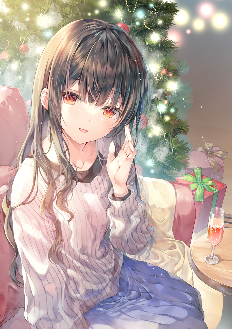 1girl bangs black_hair blanket blue_skirt box champagne_flute christmas_tree couch cup drinking_glass gift gift_box hand_up highres indoors long_hair long_sleeves looking_at_viewer miwabe_sakura orange_eyes original parted_lips pleated_skirt sitting skirt smile solo sweater table white_sweater