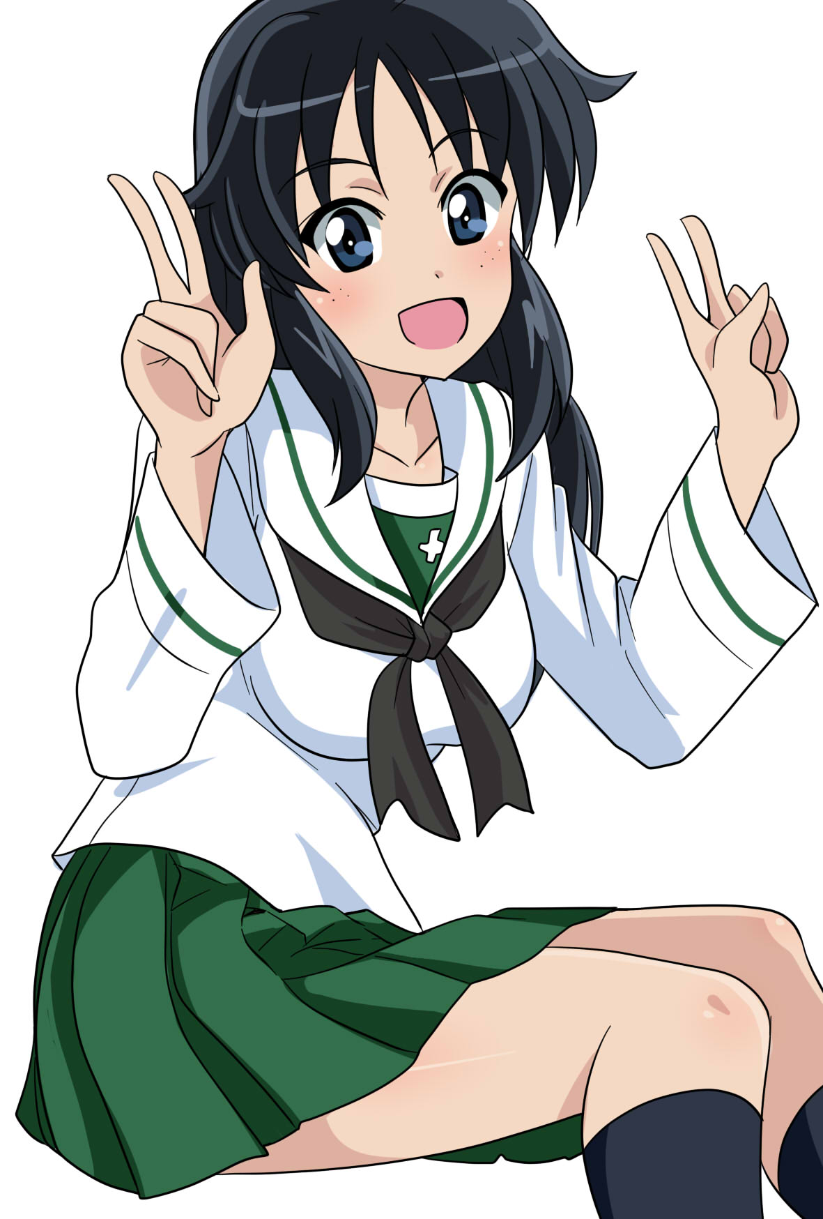 1girl bangs black_hair black_neckerchief blouse blue_eyes commentary_request double_v eyebrows_visible_through_hair freckles girls_und_panzer green_skirt highres invisible_chair long_hair long_sleeves looking_at_viewer miniskirt neckerchief ooarai_school_uniform open_mouth pleated_skirt sailor_collar school_uniform serafuku simple_background sitting skirt smile solo v wakku_kan white_background white_blouse white_sailor_collar yamagou_ayumi