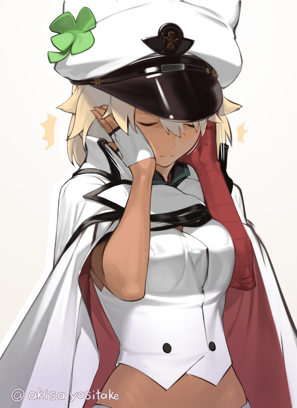 1girl akisa_(12023648) bandages buttons cape closed_eyes closed_mouth clover dark-skinned_female dark_skin fingerless_gloves four-leaf_clover gloves guilty_gear guilty_gear_strive hair_between_eyes hand_on_own_face hat highres midriff motion_lines navel patting platinum_blonde_hair ramlethal_valentine simple_background solo twitter_username upper_body white_background white_cape white_gloves