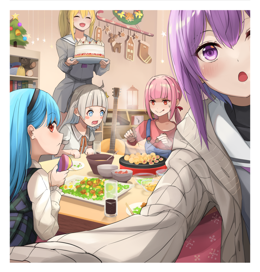 5girls a.i._voice blonde_hair blue_eyes blue_hair blush blush_stickers border cake cardigan christmas christmas_ornaments christmas_tree closed_mouth cooking cup drink drinking_glass drooling eyebrows_visible_through_hair food grey_serafuku guitar hair_between_eyes holding holding_food instrument kizuna_akari kotonoha_akane kotonoha_aoi long_hair long_sleeves multiple_girls open_cardigan open_clothes open_mouth overalls party_popper pink_hair puffy_short_sleeves puffy_sleeves purple_hair red_eyes sailor_collar short_hair short_sleeves siblings silver_hair sisters sora_no_tori takoyaki tongue tongue_out tsurumaki_maki violet_eyes vocaloid voiceroid white_border white_cardigan white_sailor_collar yuzuki_yukari yuzuki_yukari_(shizuku)