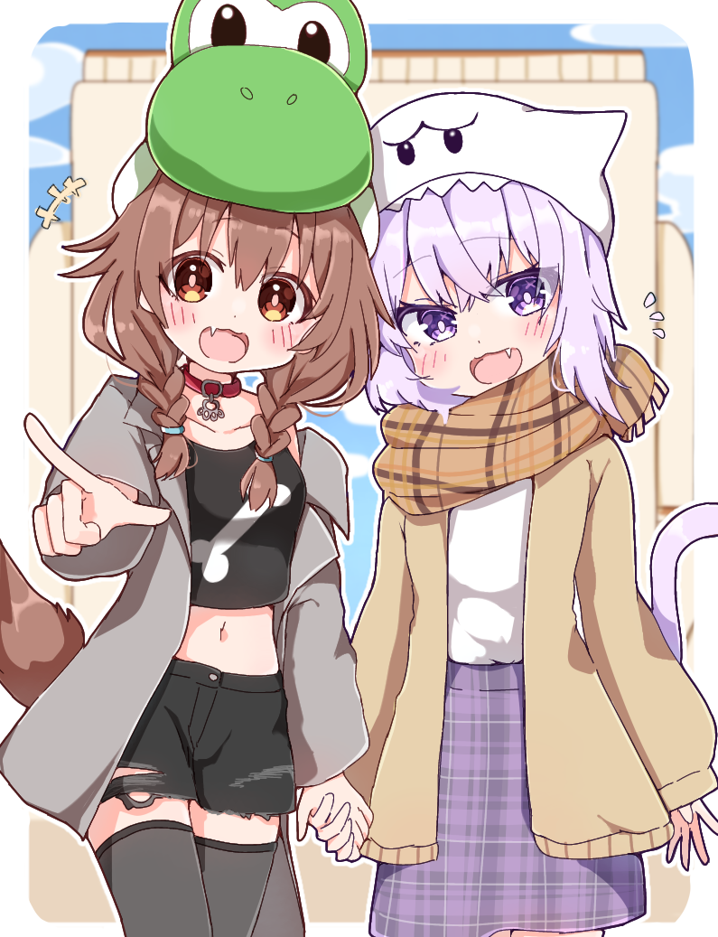 +++ 2girls black_shorts blush boo_(mario) cat_tail character_hat dog_tail holding_hands hololive inugami_korone midriff multiple_girls nekomata_okayu pointing rabiiandrain shorts tail torn_clothes torn_shorts virtual_youtuber yoshi