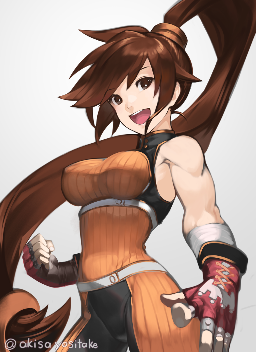1girl akisa_(12023648) artist_name bandages bangs bare_shoulders breasts brown_eyes brown_hair clenched_hand commentary_request dnf_duel dungeon_and_fighter fighter_(dungeon_and_fighter) fingerless_gloves fingernails gloves grey_background hair_ornament highres long_hair looking_at_viewer medium_breasts muscular muscular_female open_mouth ponytail shiny signature simple_background sleeveless smile striker_(dungeon_and_fighter) teeth tied_hair upper_body
