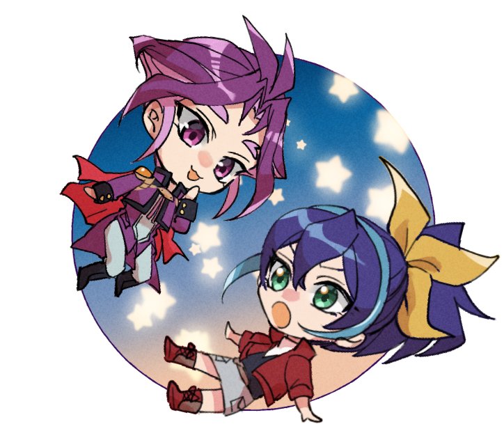 1boy 1girl ahoge bike_shorts black_shirt black_shorts blue_hair chinopara36 cowboy_shot expressionless fingerless_gloves gloves green_eyes jacket multicolored_hair pants ponytail purple_eyes purple_hair red_jacket serena_(yuu-gi-ou_arc-v) shirt short_hair shorts single_glove thick_eyebrows two-tone_hair white_background yu-gi-oh! yu-gi-oh!_arc-v yuu-gi-ou yuu-gi-ou_arc-v yuuri_(yuu-gi-ou_arc-v)