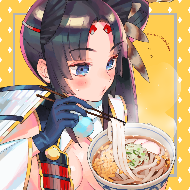 1girl armor bangs black_hair blue_eyes breast_curtains breasts chopsticks detached_sleeves eating fate/grand_order fate_(series) feathers food hat japanese_armor long_hair medium_breasts parted_bangs sara_(kurome1127) side_ponytail solo tate_eboshi udon ushiwakamaru_(fate) very_long_hair