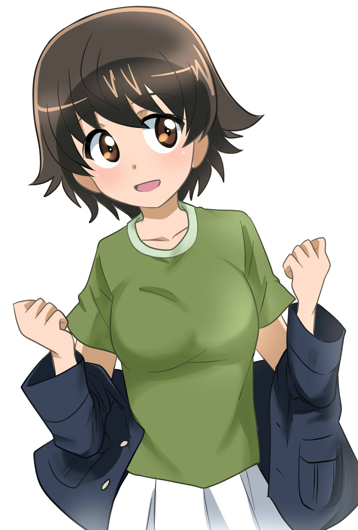 1girl bangs blue_jacket brown_eyes brown_hair commentary_request eyebrows_visible_through_hair girls_und_panzer green_shirt highres jacket long_sleeves looking_to_the_side military military_uniform nakajima_(girls_und_panzer) off_shoulder ooarai_military_uniform open_clothes open_jacket open_mouth pleated_skirt shirt short_hair short_sleeves simple_background skirt smile solo standing uniform wakku_kan white_background white_skirt