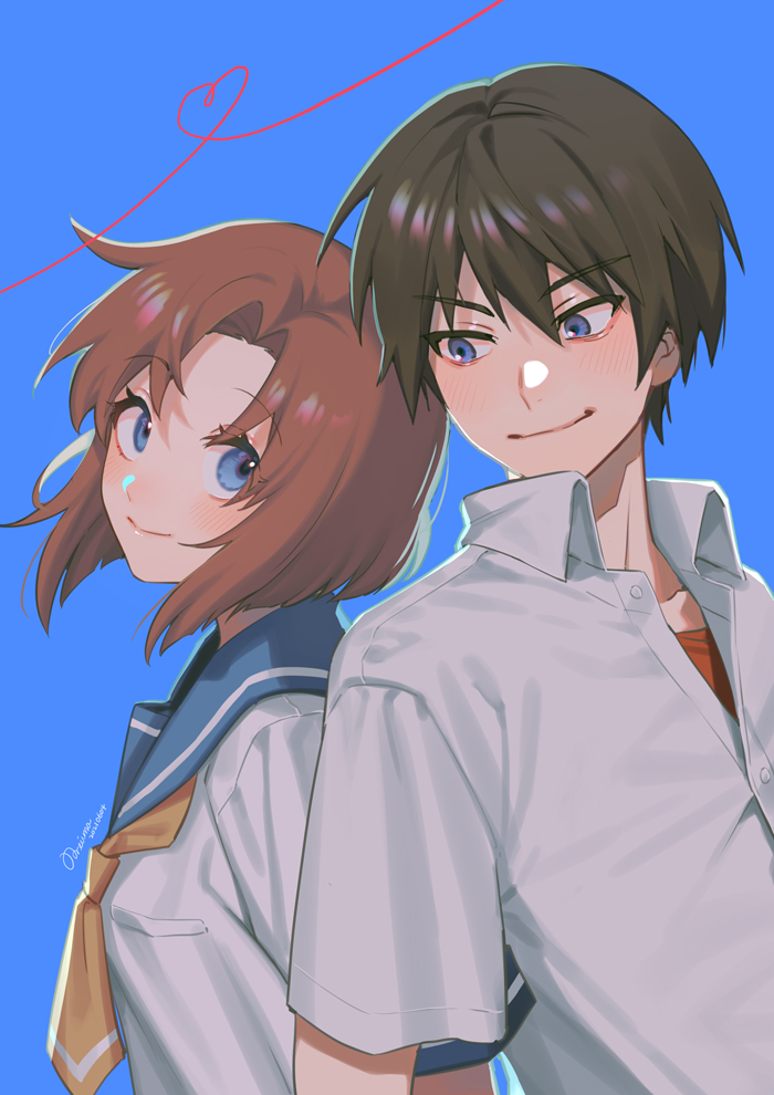 1boy 1girl back-to-back blue_background blue_eyes blue_sailor_collar blush breasts brown_hair commentary eyelashes heart higurashi_no_naku_koro_ni looking_at_another maebara_keiichi medium_breasts neckerchief noriuma open_clothes open_shirt orange_hair red_shirt ryuuguu_rena sailor_collar shirt short_hair short_sleeves signature simple_background smile undershirt upper_body violet_eyes white_shirt yellow_neckerchief