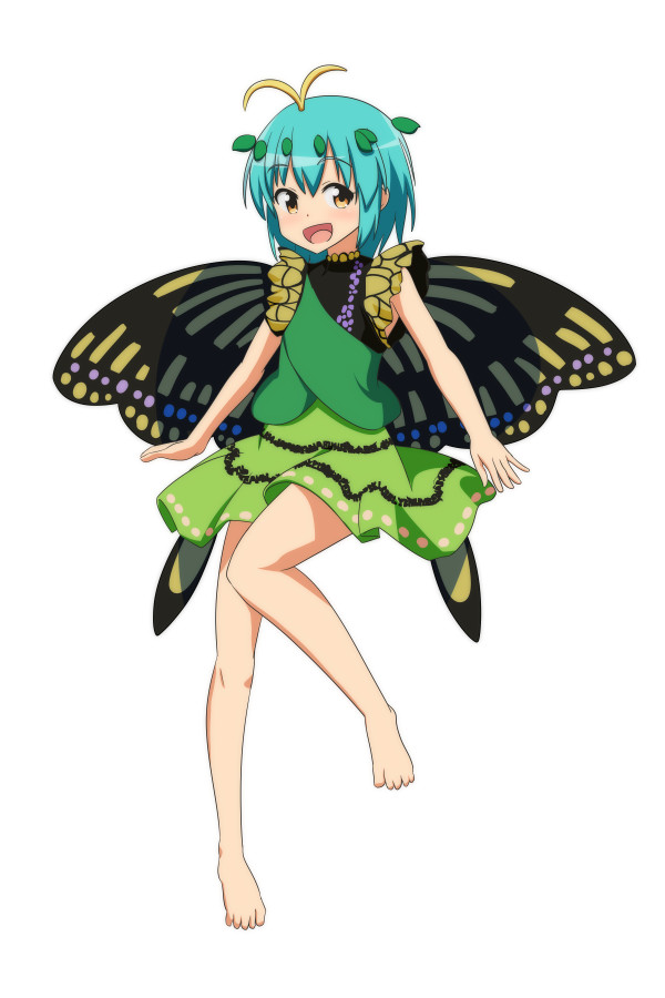 1girl antennae aqua_hair barefoot blush butterfly_wings cato_(monocatienus) dress eternity_larva eyebrows_visible_through_hair fairy full_body green_dress hair_between_eyes leaf leaf_on_head multicolored_clothes multicolored_dress open_mouth short_hair simple_background single_strap smile solo touhou white_background wings yellow_eyes