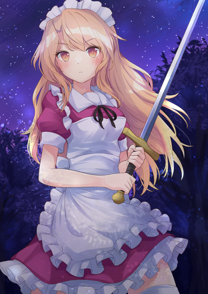 1girl apron back_bow bangs black_ribbon blonde_hair blush bow breasts closed_mouth commentary_request commission cowboy_shot dress eyebrows_visible_through_hair frilled_apron frilled_dress frills holding holding_sword holding_weapon long_hair maid maid_apron maid_headdress night night_sky outdoors ramie_(ramie541) red_dress ribbon serious sky small_breasts star_(sky) sword thigh-highs touhou touhou_(pc-98) weapon white_apron white_bow white_legwear yellow_eyes yumeko_(touhou)