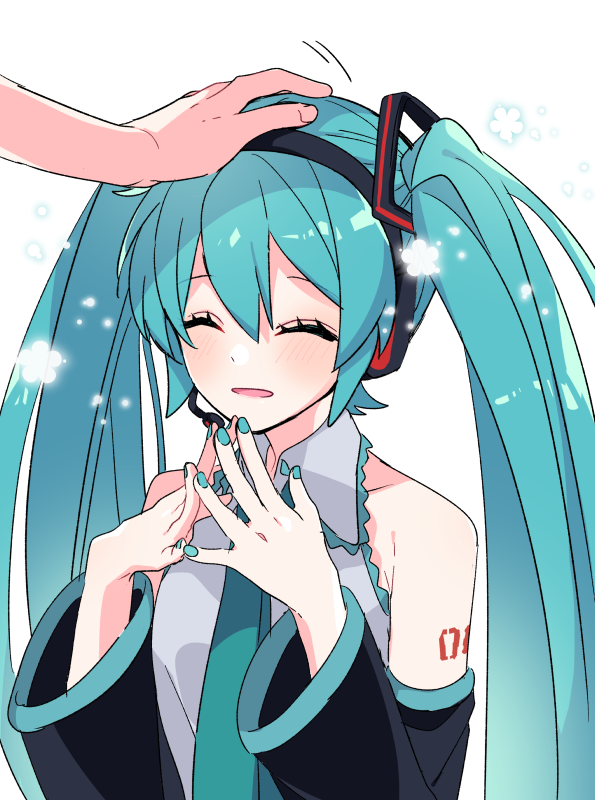 1girl 1other aqua_hair aqua_nails aqua_necktie armpit_crease bare_shoulders closed_eyes collared_shirt detached_sleeves dot_nose eyebrows_visible_through_hair eyelashes facing_viewer fingernails fingers_together flat_chest flower grey_shirt hair_between_eyes hands hands_up happy hatsune_miku headpat headset laughing light_blush light_particles long_hair motion_lines necktie parted_lips shade shiny shiny_hair shirt shoulder_tattoo simple_background sleeveless sleeveless_shirt solo_focus tattoo twintails upper_body very_long_hair vocaloid white_background yoshiki