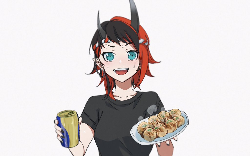 1girl alternate_costume bangs beer_can black_hair black_shirt blue_eyes blush breasts can chain commentary_request demon_girl demon_horns ear_chain ear_piercing food gin_(tttetu123) hachimaki headband holding holding_can holding_plate horns large_breasts looking_at_viewer multicolored_hair open_mouth piercing plate pointy_ears redhead ryugasaki_rene shirt short_hair simple_background smile solo sugar_lyric t-shirt takoyaki two-tone_hair upper_body virtual_youtuber white_background