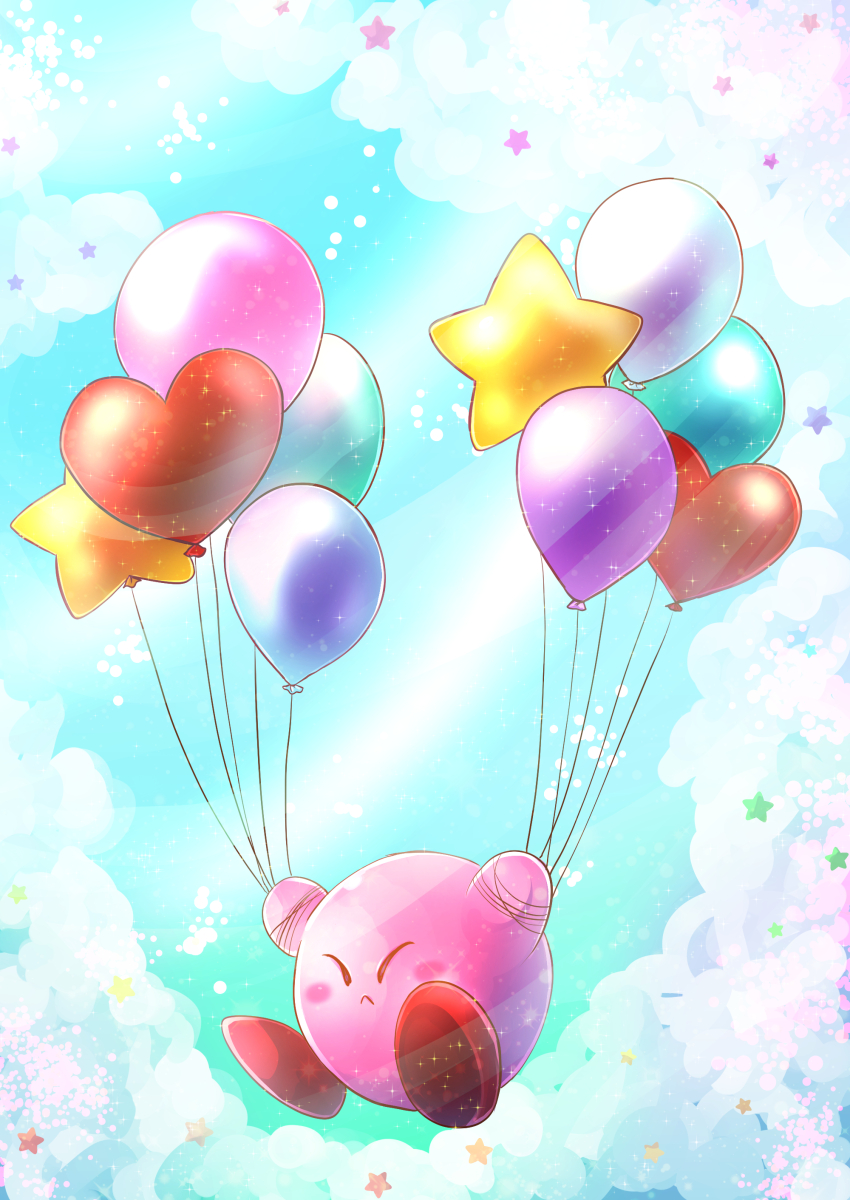 balloon blue_sky blush_stickers closed_eyes closed_mouth clouds commentary day english_commentary floating full_body heart heart_balloon highres holding holding_balloon kirby kirby_(series) konna-nani light_rays no_humans outdoors red_footwear shoes sky solo sparkle star_(symbol) star_balloon sunbeam sunlight