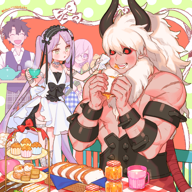 asterios_(fate) bangs bare_shoulders black_hair black_sclera blush colored_sclera cupcake dessert dress eating euryale_(fate) eyebrows_visible_through_hair fate/grand_order fate_(series) food frills fujimaru_ritsuka_(male) glasses hair_over_one_eye hairband honey horns jewelry long_hair mash_kyrielight multiple_boys multiple_girls open_mouth pink_hair purple_hair red_eyes sandwich sara_(kurome1127) short_hair smile twintails very_long_hair violet_eyes white_dress white_hair