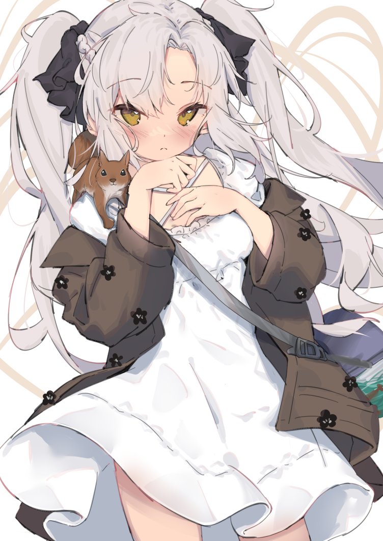 1girl animal_on_shoulder aug_para_(girls'_frontline) bangs blush braid breasts brown_eyes commentary cowboy_shot dress eip_(pepai) eyebrows_visible_through_hair french_braid frown girls_frontline hair_ribbon hand_on_own_chest jacket looking_at_viewer off_shoulder official_alternate_costume ribbon small_breasts solo squirrel twintails white_dress white_hair