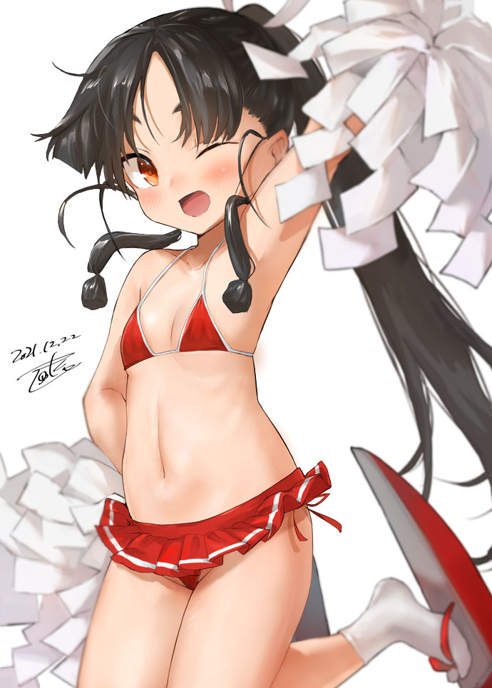 1girl artist_name bikini black_hair blush brown_eyes cheering cheerleader collarbone dated holding holding_pom_poms kantai_collection long_hair navel nisshin_(kancolle) one_eye_closed open_mouth pom_pom_(cheerleading) red_bikini rudder_footwear sidelocks signature simple_background smile socks solo swimsuit toka_(marchlizard) very_long_hair white_background white_legwear