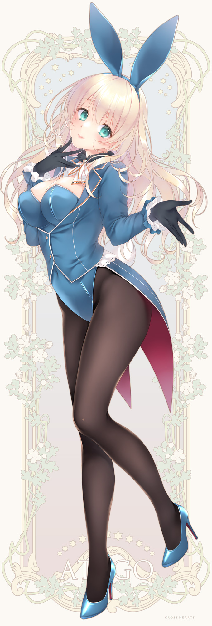 1girl adapted_costume animal_ears atago_(kancolle) ayase_hazuki blonde_hair blue_eyes blue_leotard blush breasts commentary_request detached_collar fake_animal_ears fake_tail finger_to_mouth full_body high_heels highres kantai_collection large_breasts leotard long_hair looking_at_viewer pantyhose playboy_bunny rabbit_ears rabbit_tail reward_available smile solo tail wrist_cuffs