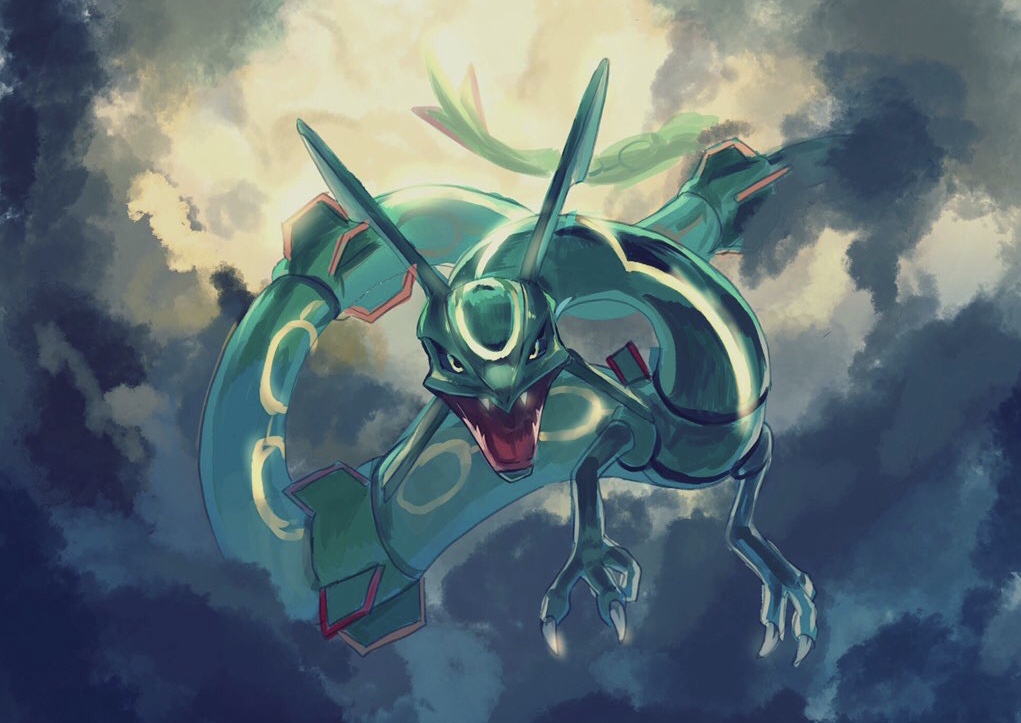 above_clouds black_sclera claws colored_sclera commentary_request dragon eastern_dragon fangs flying looking_at_viewer no_humans open_mouth pecohophop pokemon pokemon_(creature) rayquaza solo tongue yellow_eyes